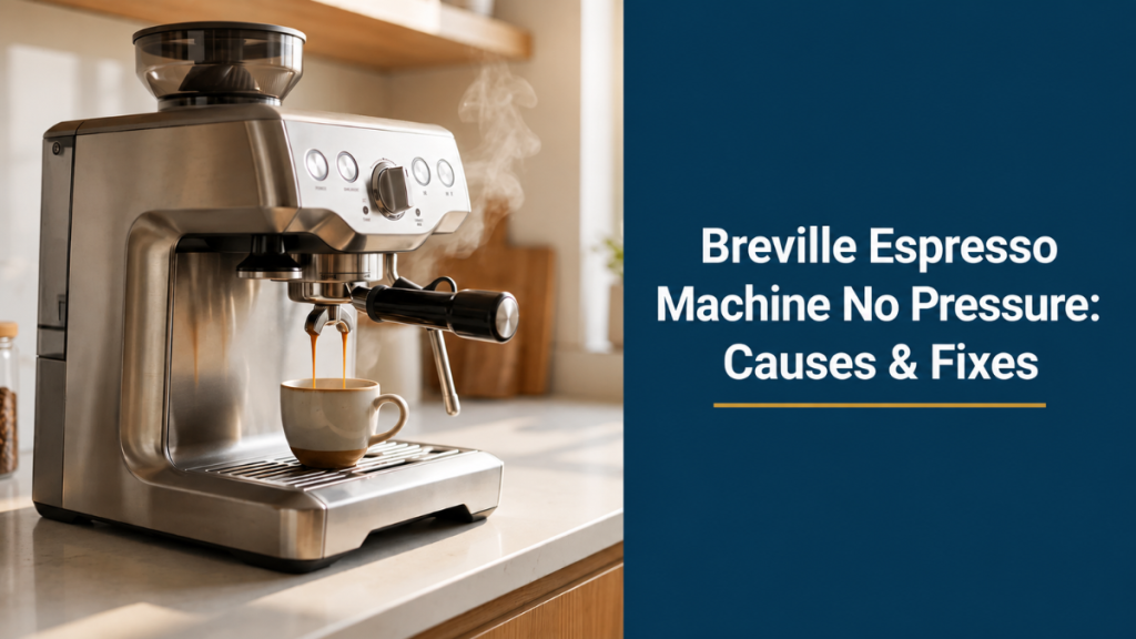 Home espresso machine pulling a shot with a headline reading no pressure from your Breville