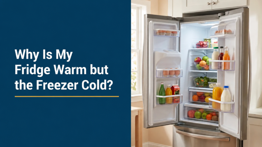 Open refrigerator interior with a headline reading refrigerator warm, freezer cold