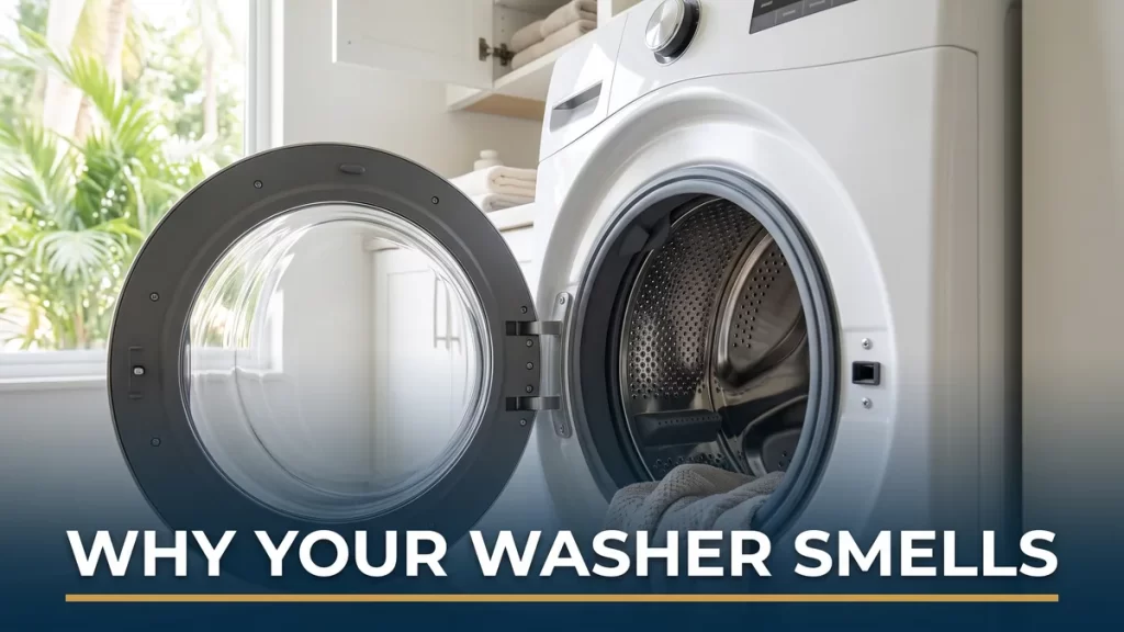 Open front-load washer door in a Florida laundry room, illustrating why a washing machine smells