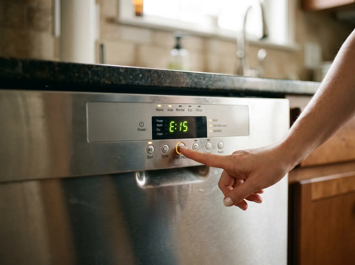 Close-up of a Bosch dishwasher control panel showing an error code on the display