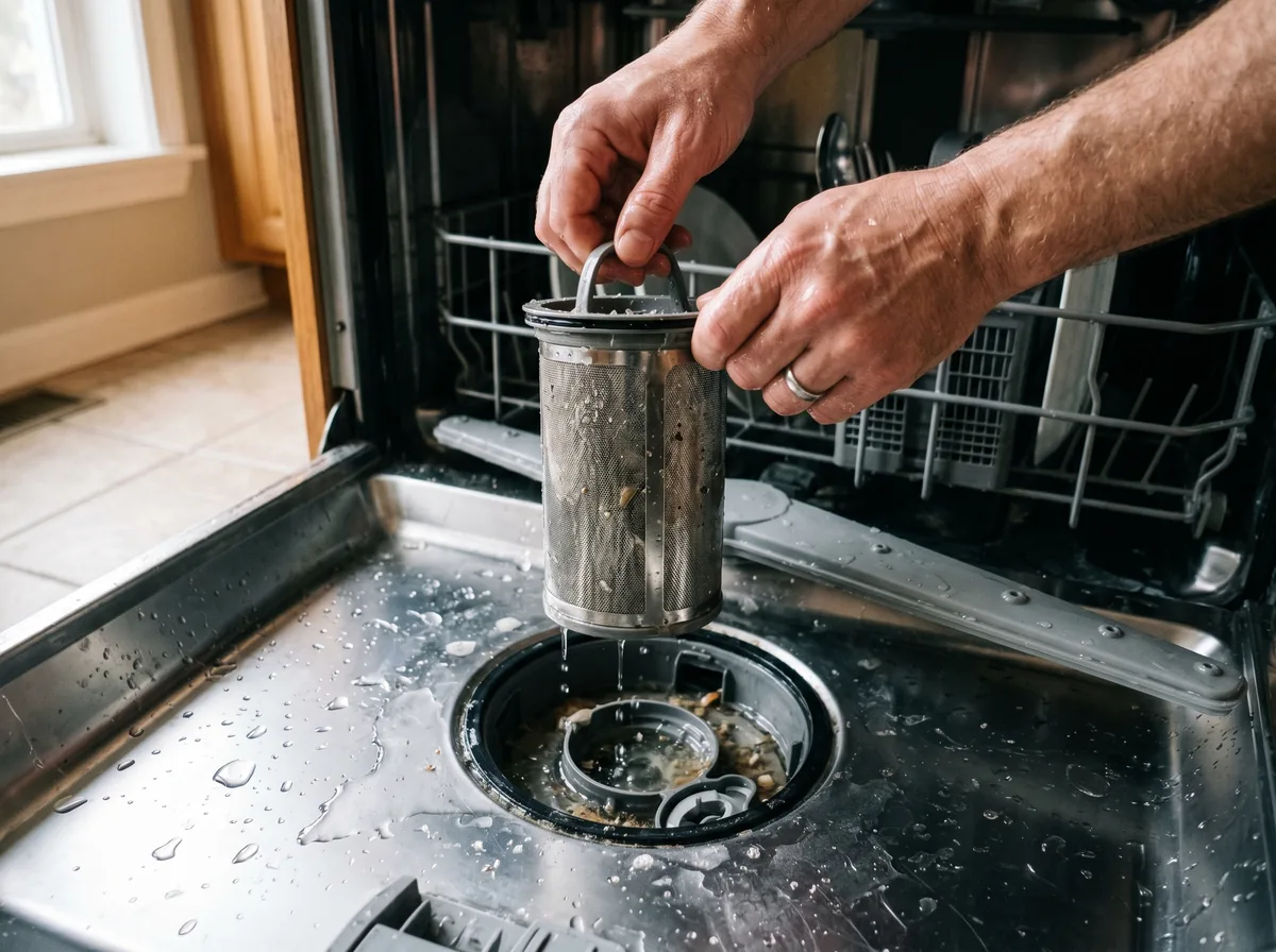 Homeowner removing and rinsing the cylindrical filter from the bottom of a Bosch dishwasher tub