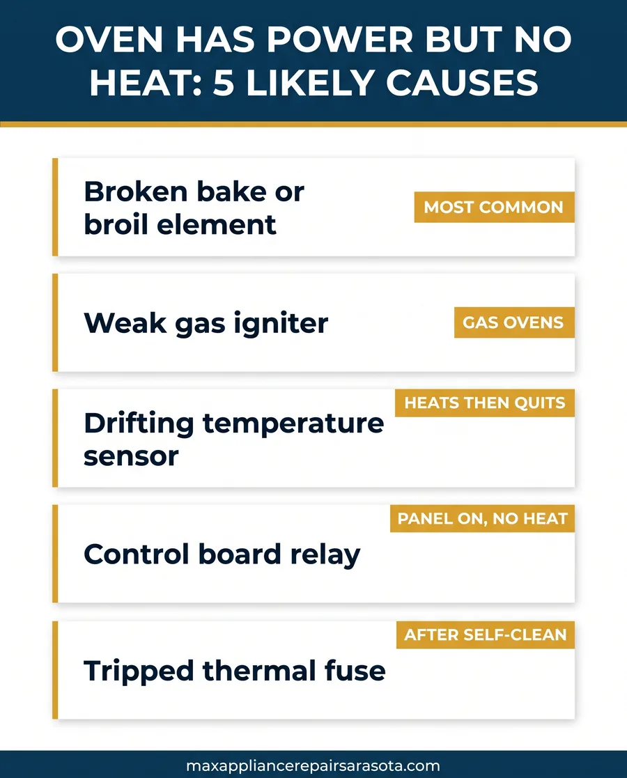 max appliance oven not heating has power infographic