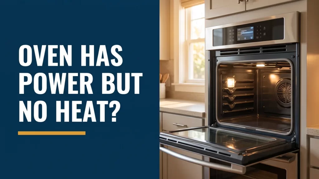 Stainless oven with a lit control panel but a cold interior, showing an oven not heating up but has power