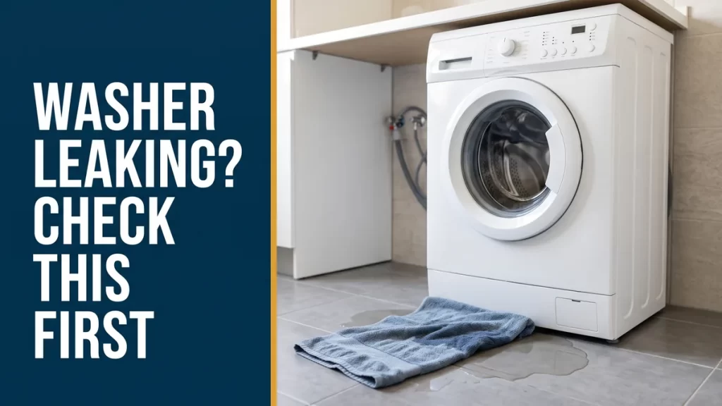 Puddle in front of a front-load washer with a towel, showing a washing machine leaking
