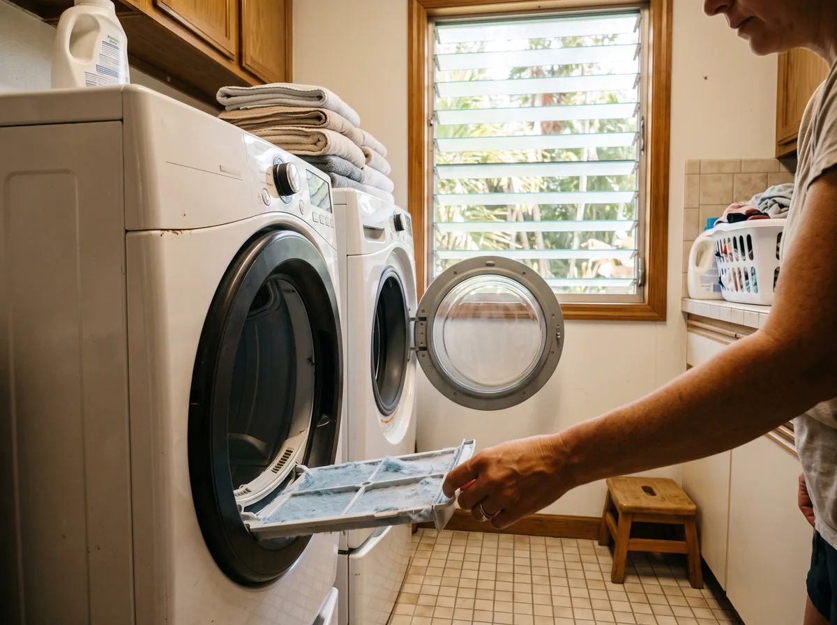 Checking a dryer lint trap for a Florida end of season appliance care pass